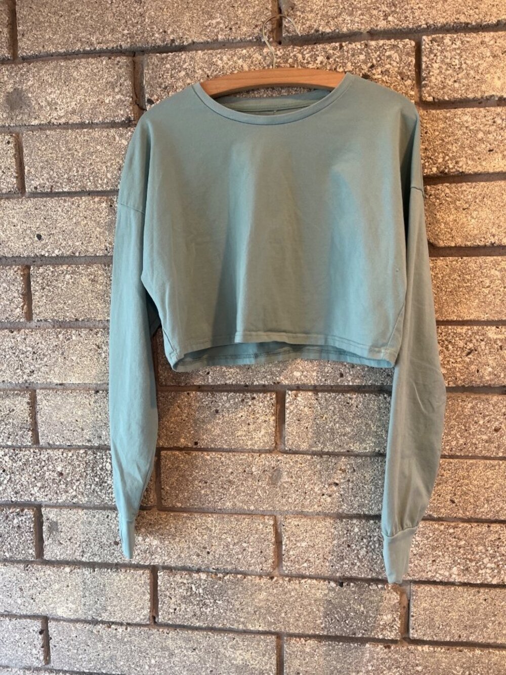 Cropped Sage Green Long Sleeve With Thumbhole Cuffs Ribbed Crewneck & Lightweigh